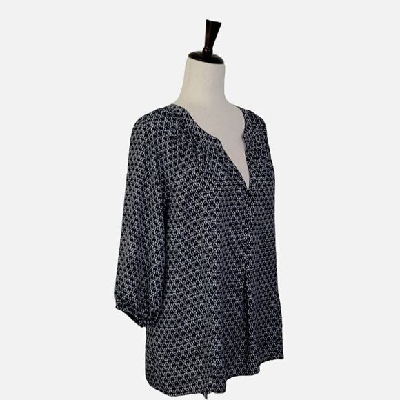 Dalia Collection Navy Blue Patterned Split Neck 3/4 Sleeve Chiffon Blouse Size M - Picture 2 of 10